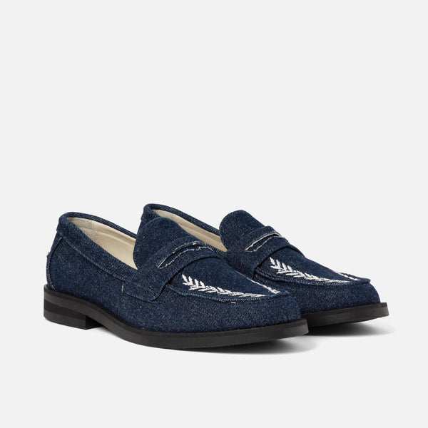 Wilde Indigo Denim Wreath Embroidered Penny Loafer - Men's