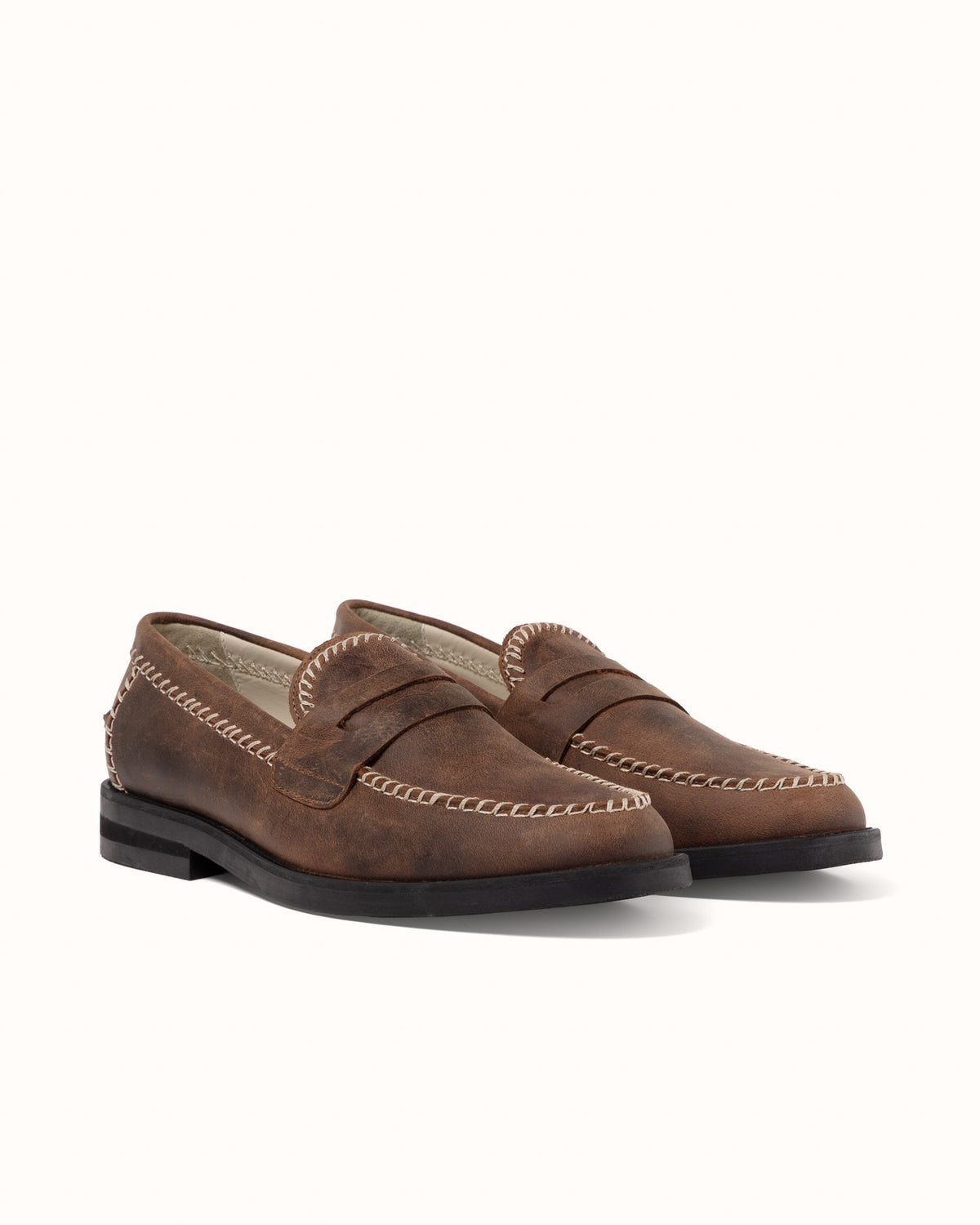 Wilde Brown Distressed Box Stitch Penny Loafer - Men's