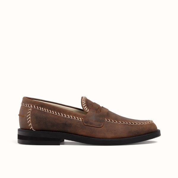 Wilde Brown Distressed Box Stitch Penny Loafer - Men's