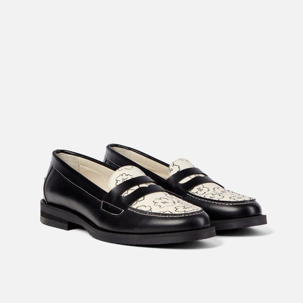 Wilde Black Sketch Floral Penny Loafer - Women's