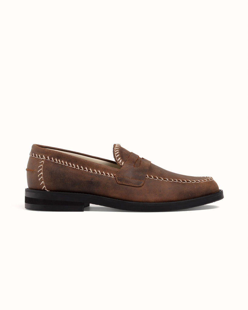 Wilde Brown Distressed Box Stitch Penny Loafer - Men's