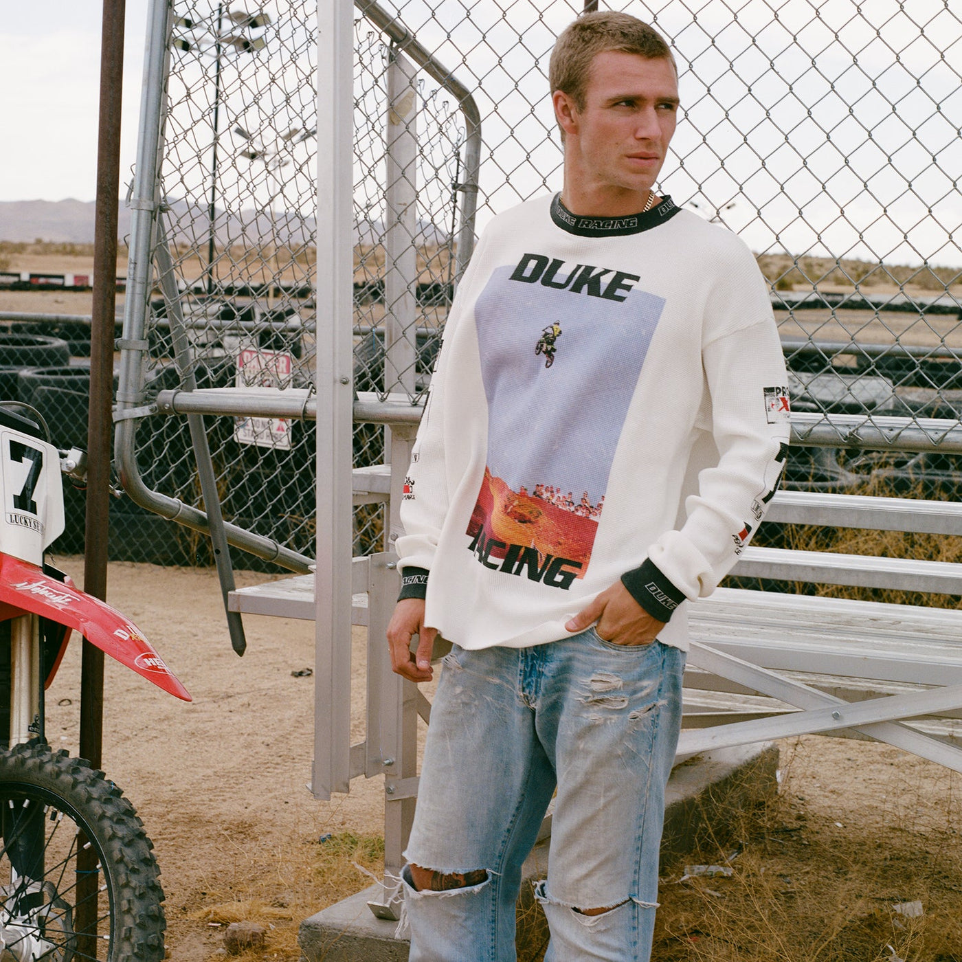 DR Motocross Vintage White Waffle Top Shirt | DUKE + DEXTER